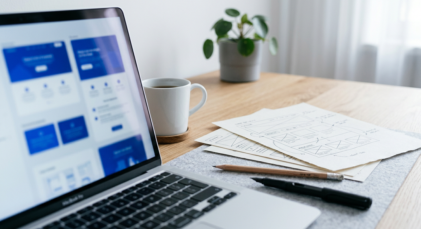 Design workspace with website wireframe sketches and a laptop